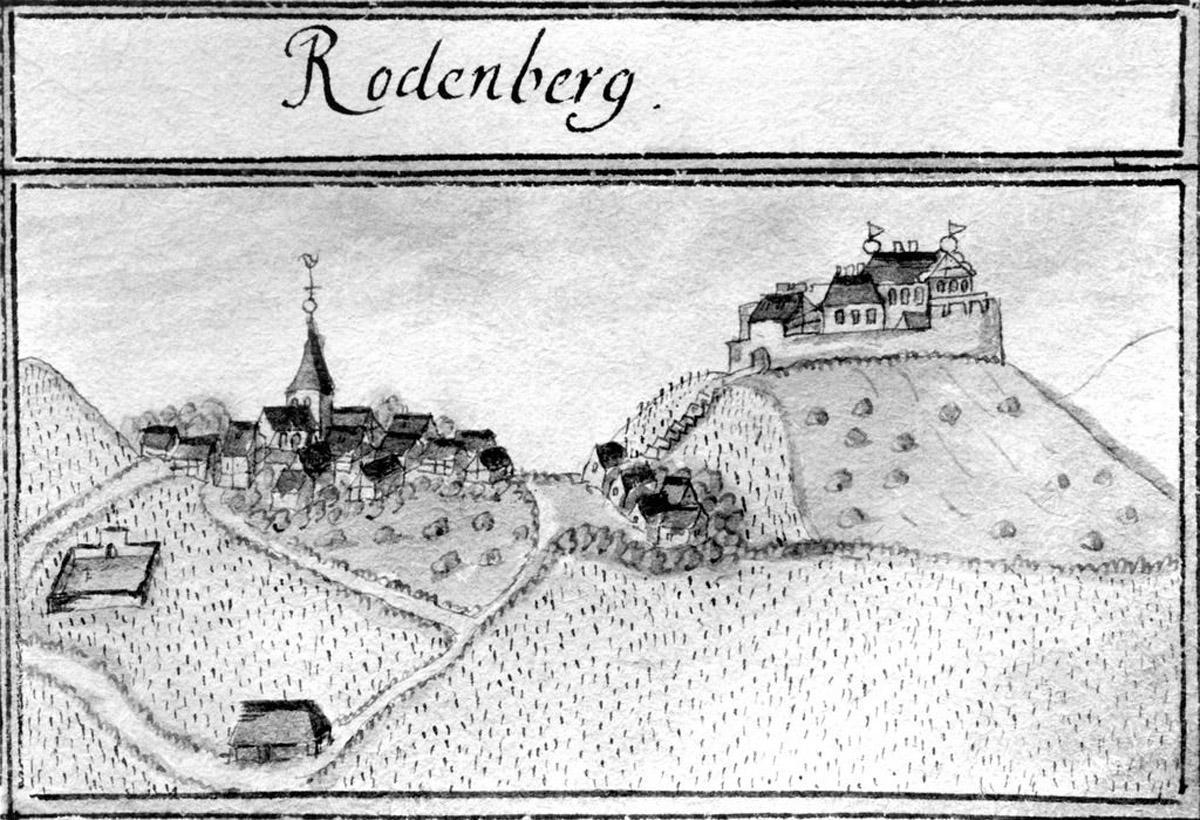 Historische Ansicht von Rotenberg mit Burg von 1685 aus dem Kiesersches Forstlagerbuch