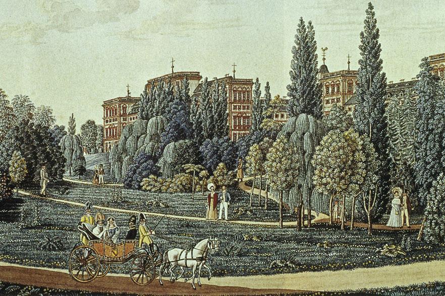 Schloss Mannheim mit seinem Landschaftsgarten, Ausschnitt aus einem Aquarell von J. P. Karg, 1819