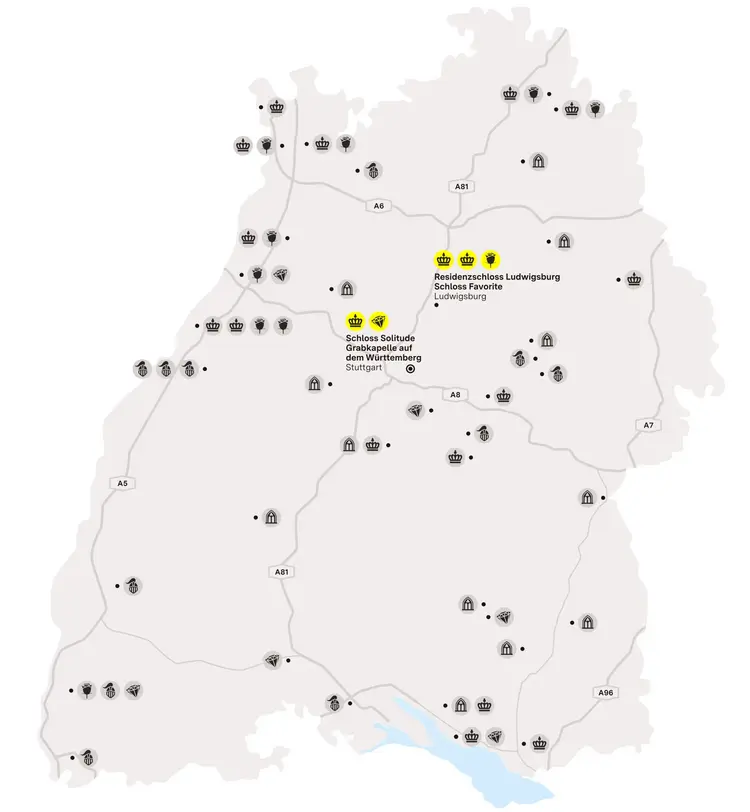 Illustration: Staatliche Schlösser und Gärten Baden-Württemberg, JUNG:Kommunikation GmbH Karte der Region "Königliches rund um die Schwabenmetropole"