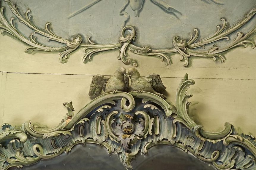 Barockschloss Mannheim, Detailaufnahme Brieftauben im Bibliothekskabinett