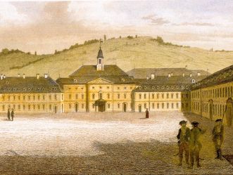 Hohe Karlsschule, kolorierter Stahlstich nach Karl Philipp Conz