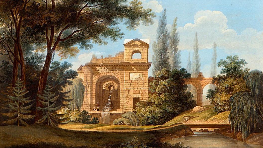 Wasserkastell im Schlossgarten Schwetzingen, Aquatinta von Carl Kuntz, um 1795