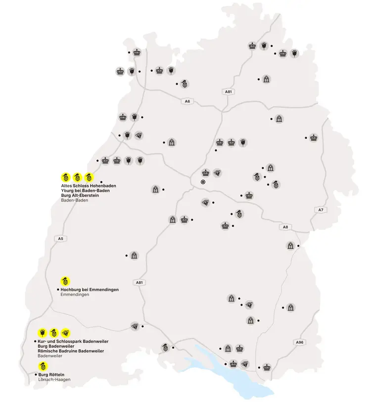 Illustration: Staatliche Schlösser und Gärten Baden-Württemberg, JUNG:Kommunikation GmbH Karte der Region "Geheimnisvolle Ruinen am Oberrhein"