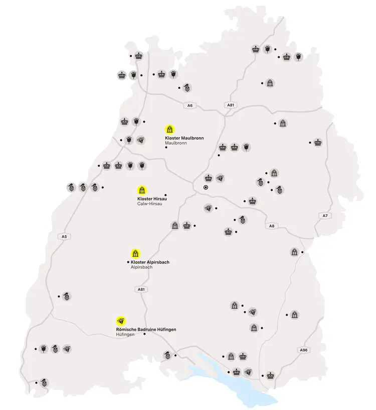 Illustration: Staatliche Schlösser und Gärten Baden-Württemberg, JUNG:Kommunikation GmbH Karte der Region "Mittelalterliches Klosterleben im Schwarzwald"
