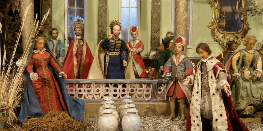 Schloss ob Ellwangen, Detail, Barockkrippe, Hochzeit zu Kana, um 1760/1770