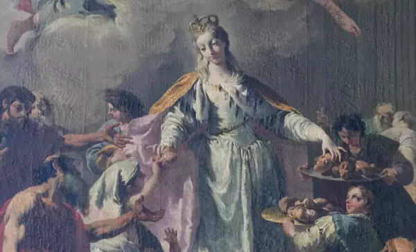 Residenzschloss Mergentheim, Almosenspende der Elisabeth von Thüringen, Gemälde von Maler Giovanni Battista Pittoni im rechten Seitenaltar der Schlosskirche