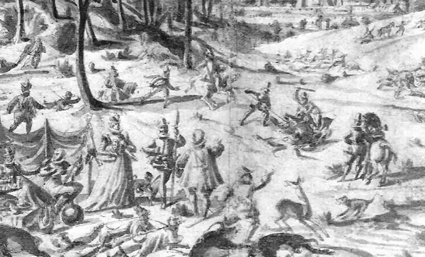 Wildschweinjagd bei Bebenhausen, Federzeichnung laviert, 1576