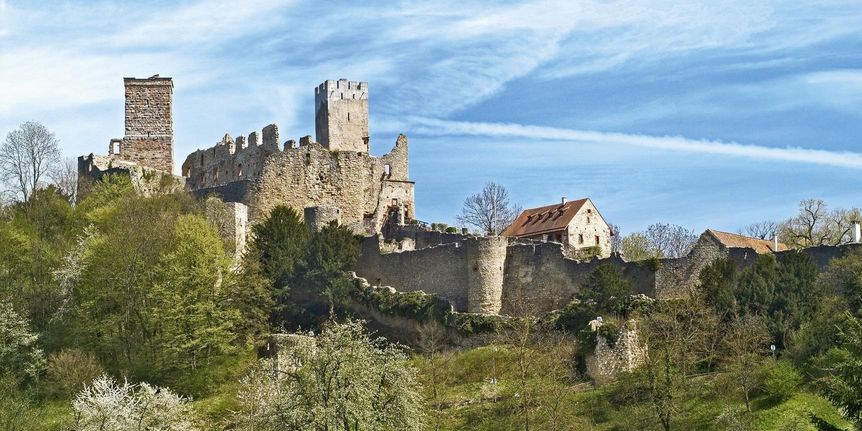 Burg Rötteln, Blick auf die Anlage mit zwei Türmen 