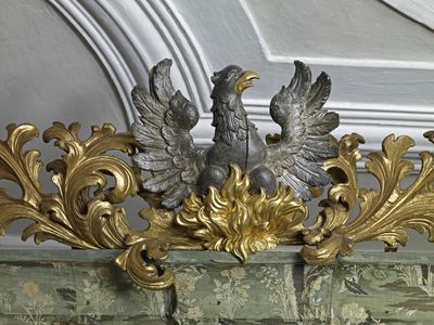 Schloss und Schlossgarten Weikersheim, Detailansicht, Vogel-Ornament am Bett der Fürstin