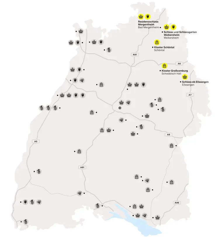 Illustration: Staatliche Schlösser und Gärten Baden-Württemberg, JUNG:Kommunikation GmbH Karte der Region "Verborgene Schatzkästchen im Nordosten"